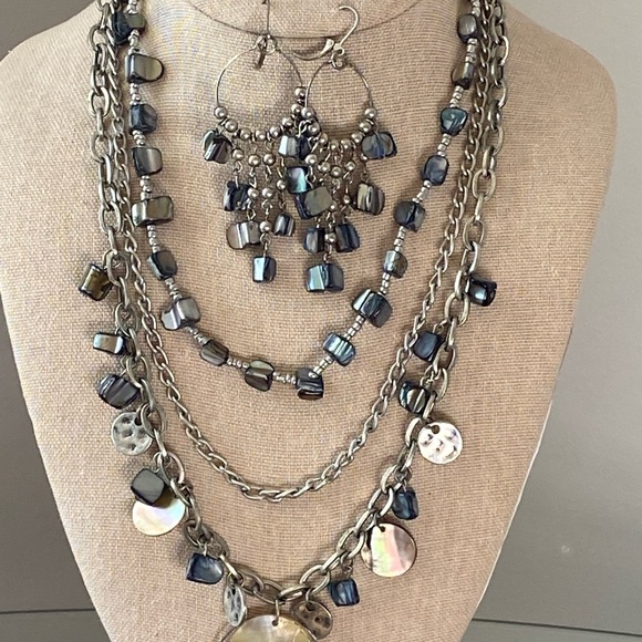 Silver Multi Stone Boho 3 Strand Necklace & Matching Earrings - Picture 3 of 10